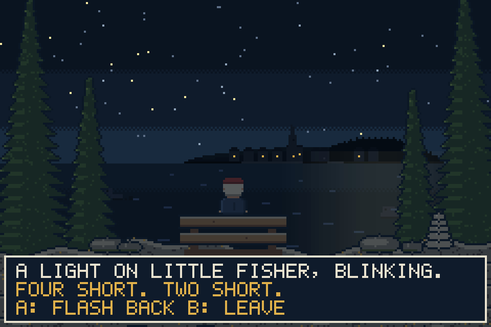Night from the lookout: a light on Little Fisher, blinking. Four short. Two short. A: flash back.