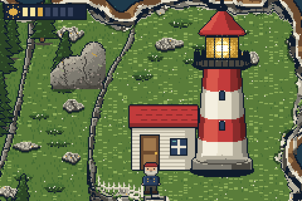 Spring: the red and white lighthouse and the keeper's house on green grass, Gordon by the steps.