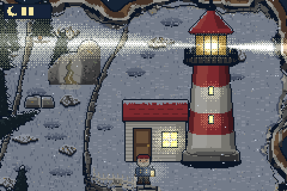 Winter: the same view at night under snow, the lamp lit and its beam sweeping across.